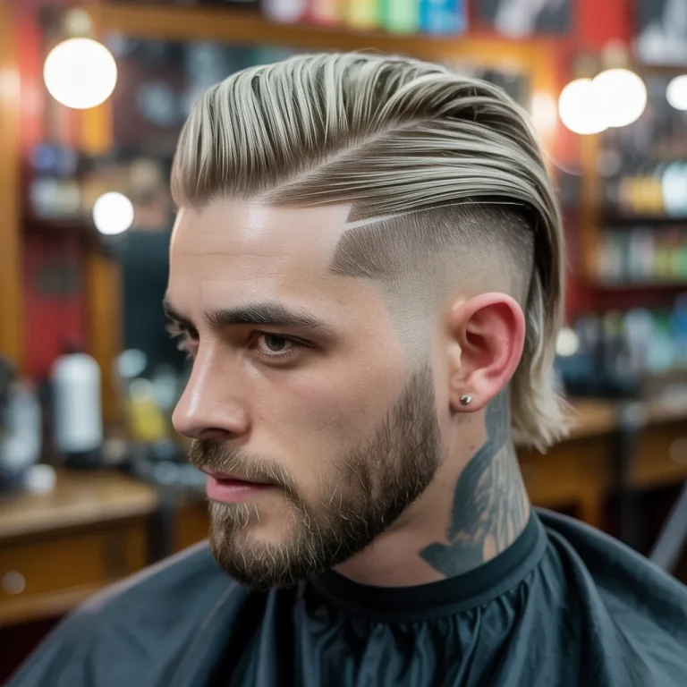 Slicked back undercut with a hard part and platinum blonde top, an avant-garde barbershop style.
