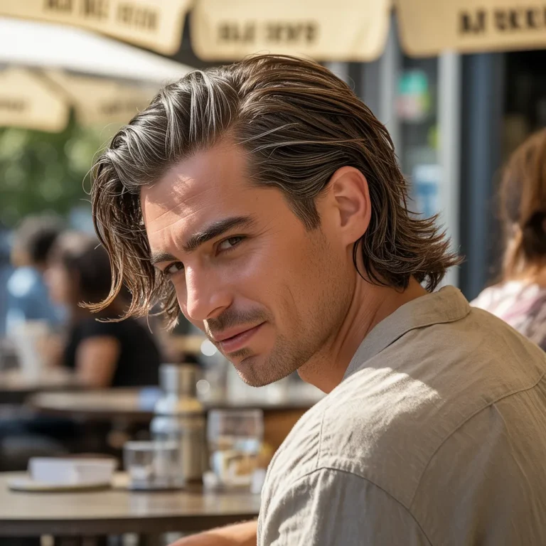 Messy textured slicked back hairstyle with intentional parting and a matte finish.